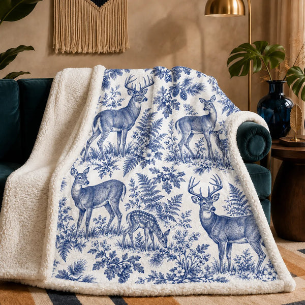 Blue Toile Deer sherpa blanket — cobalt blue toile deer and grazing fawns among ferns and pine boughs on cream