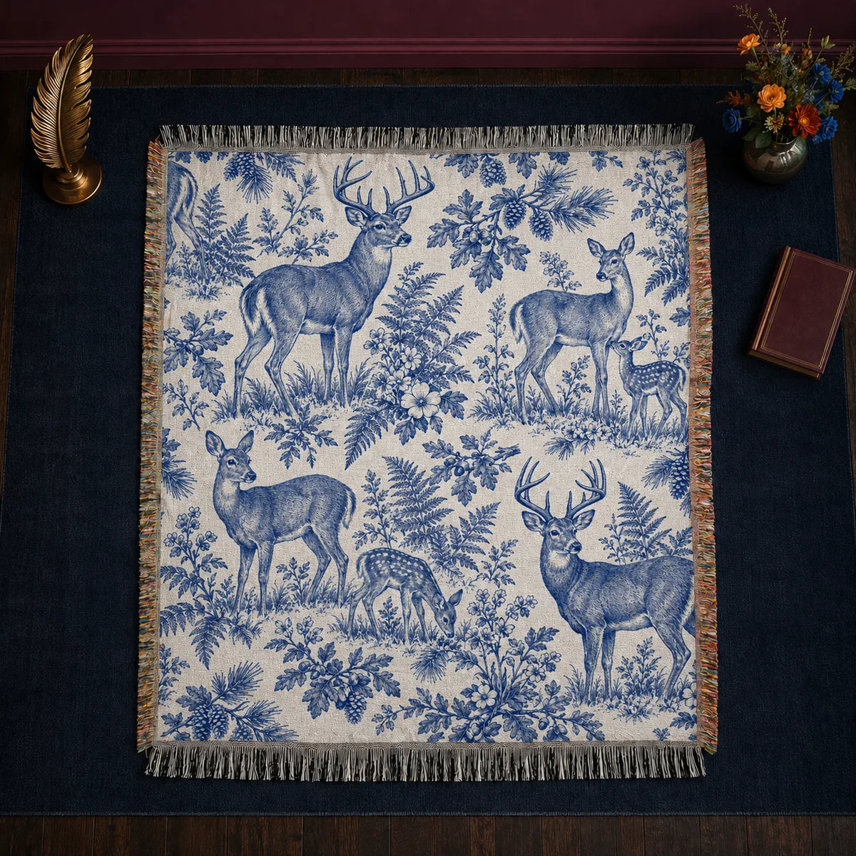Blue Toile Deer woven throw blanket — cobalt blue toile deer and grazing fawns among ferns and pine boughs on cream