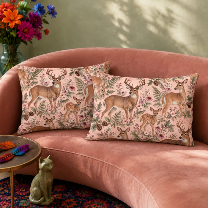 Blush Meadow Deer pillowcase set — lifelike deer and a resting fawn among pink wildflowers and sage ferns on blush