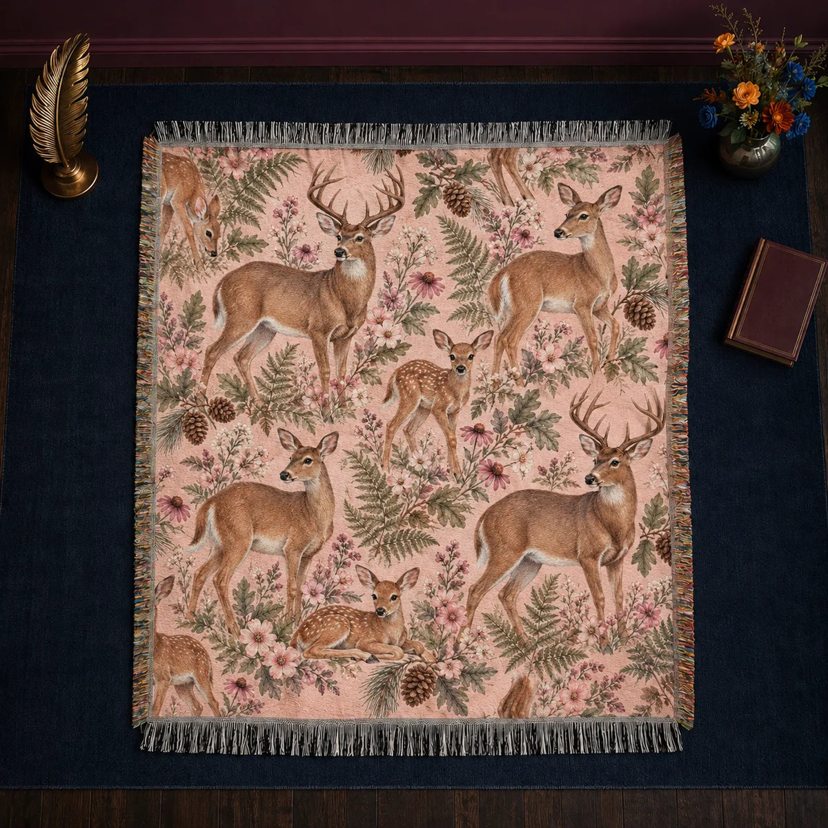 Blush Meadow Deer woven throw blanket — lifelike deer and a resting fawn among pink wildflowers and sage ferns on blush