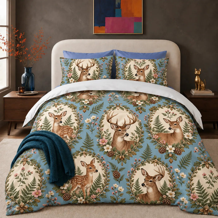 Botanical Medallions Deer comforter set — deer and fawns in cream ovals framed by leaves, pink blossoms and pinecones on blue
