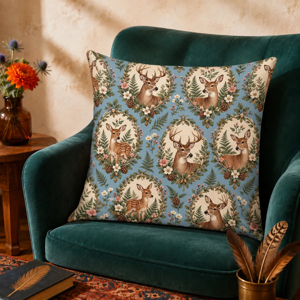 Botanical Medallions Deer cushion cover set — deer and fawns in cream ovals framed by leaves, pink blossoms and pinecones on blue