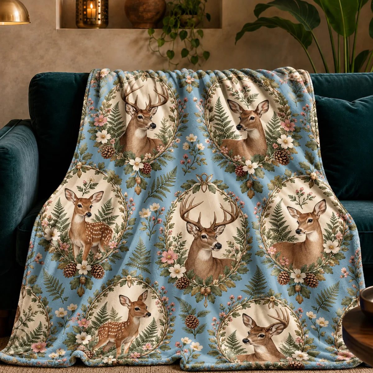 Botanical Medallions Deer fleece throw blanket — deer and fawns in cream ovals framed by leaves, pink blossoms and pinecones on blue