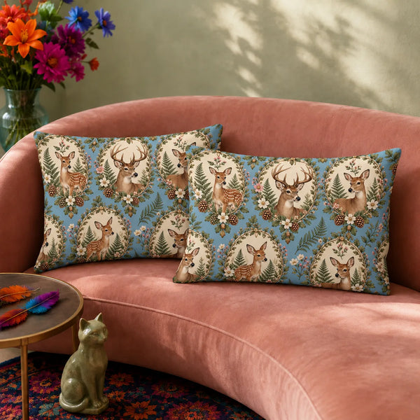 Botanical Medallions Deer pillowcase set — deer and fawns in cream ovals framed by leaves, pink blossoms and pinecones on blue