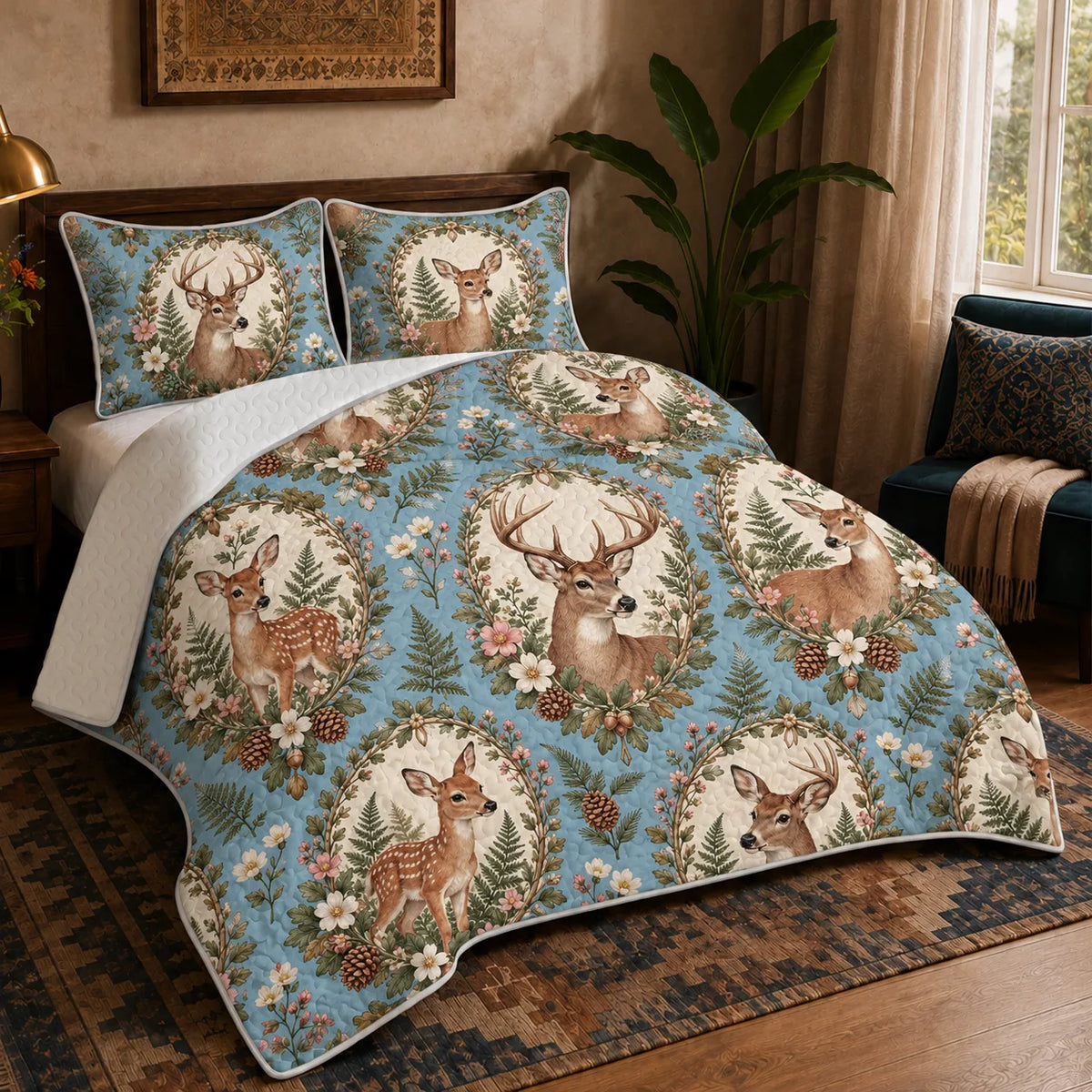 Botanical Medallions Deer quilt set — deer and fawns in cream ovals framed by leaves, pink blossoms and pinecones on blue