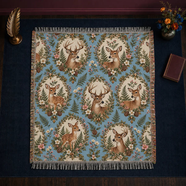 Botanical Medallions Deer woven throw blanket — deer and fawns in cream ovals framed by leaves, pink blossoms and pinecones on blue