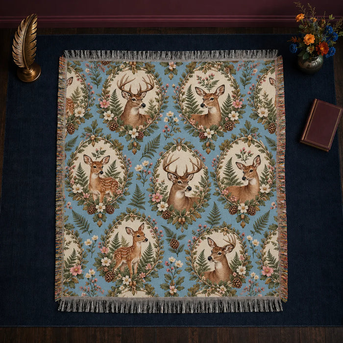 Botanical Medallions Deer woven throw blanket — deer and fawns in cream ovals framed by leaves, pink blossoms and pinecones on blue