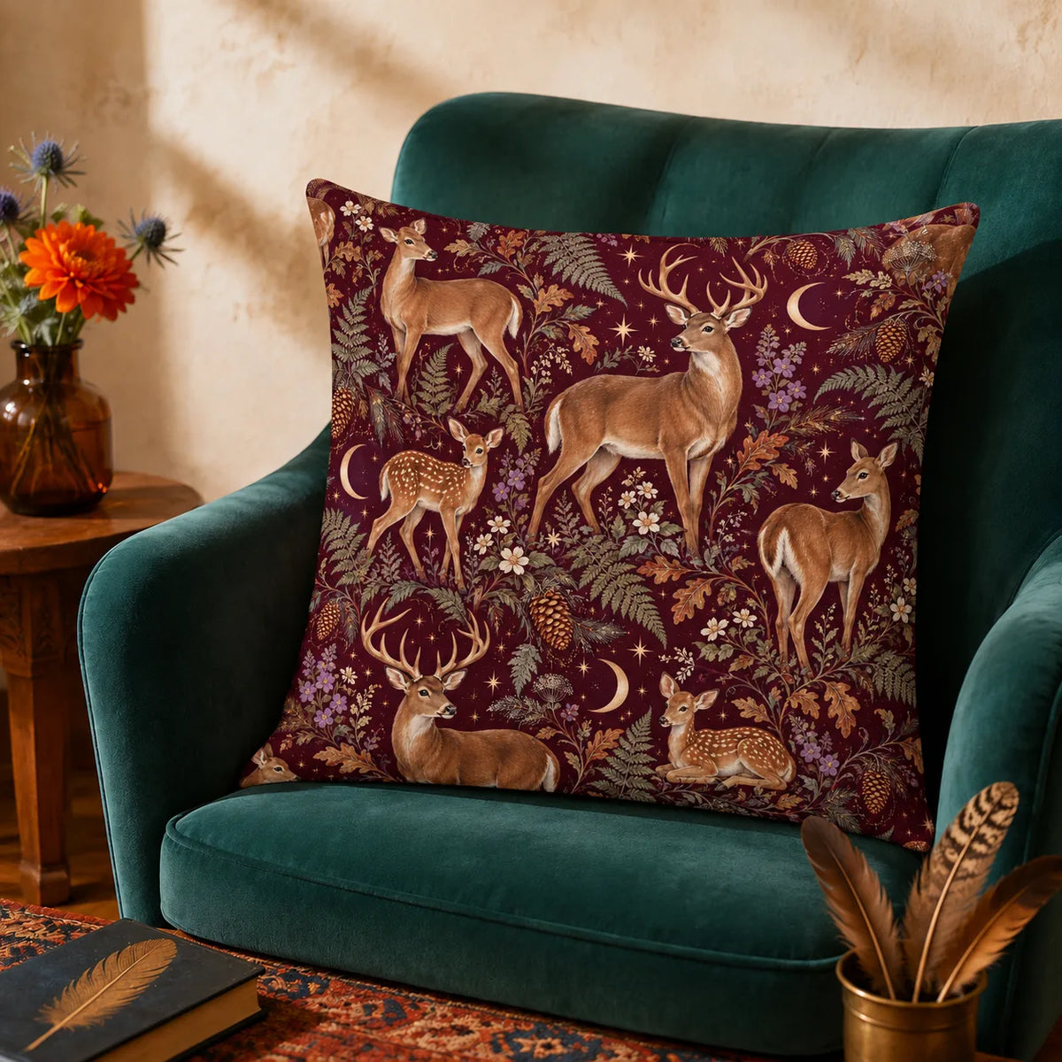 Burgundy Night Deer cushion cover set — tan deer and resting fawns among ferns, oak leaves and gold crescent moons on burgundy