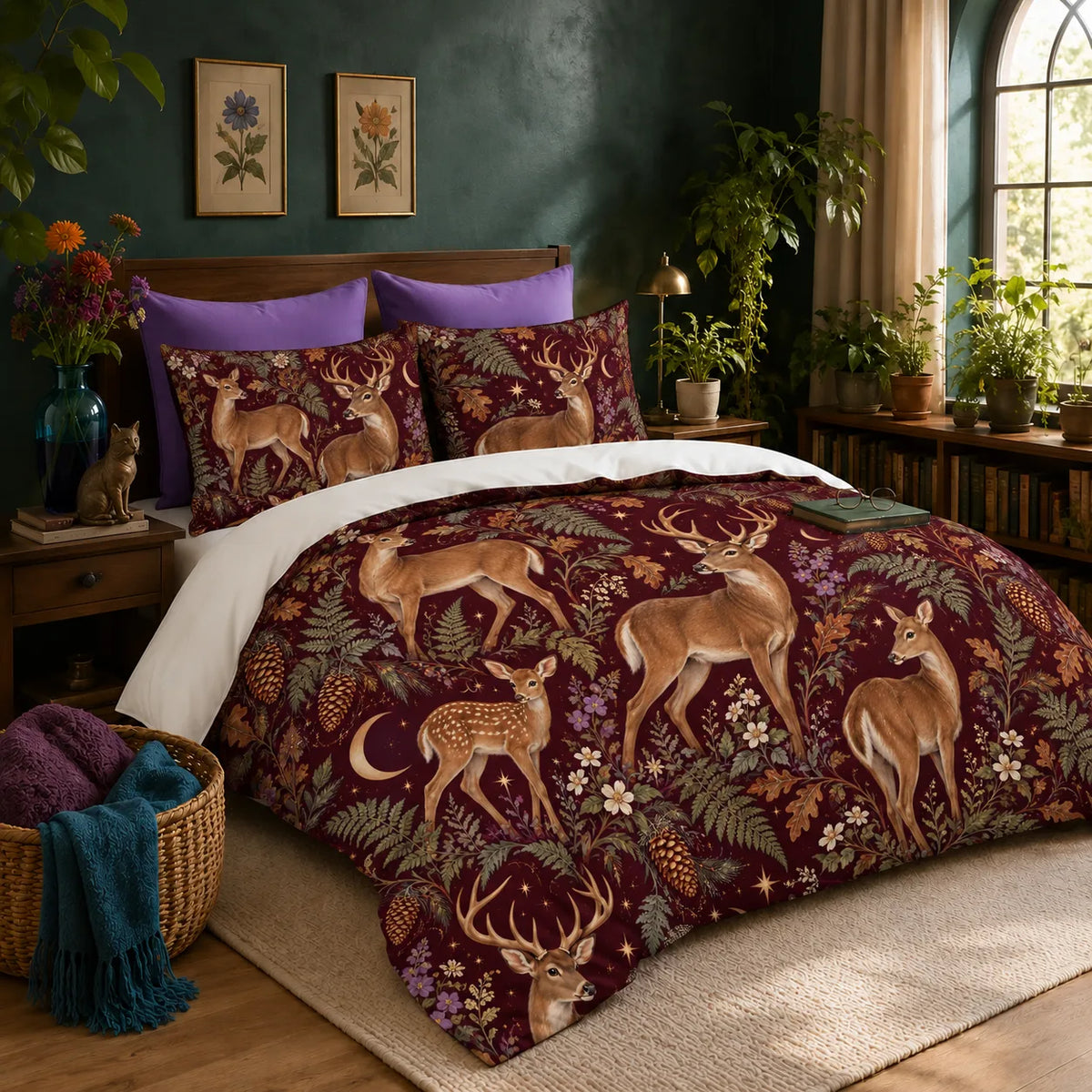Burgundy Night Deer duvet cover set — tan deer and resting fawns among ferns, oak leaves and gold crescent moons on burgundy