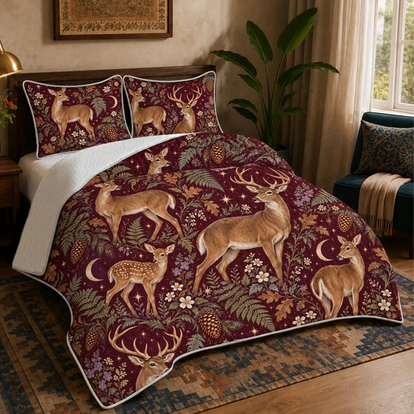 Burgundy Night Deer quilt set — tan deer and resting fawns among ferns, oak leaves and gold crescent moons on burgundy