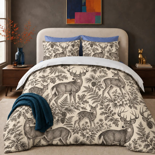 Charcoal Engraving Deer comforter set — charcoal engraved deer and fawns among ferns, oak leaves and pinecones on cream