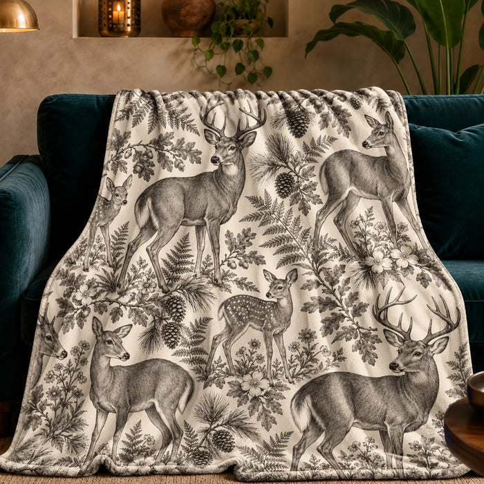 Charcoal Engraving Deer fleece throw blanket — charcoal engraved deer and fawns among ferns, oak leaves and pinecones on cream