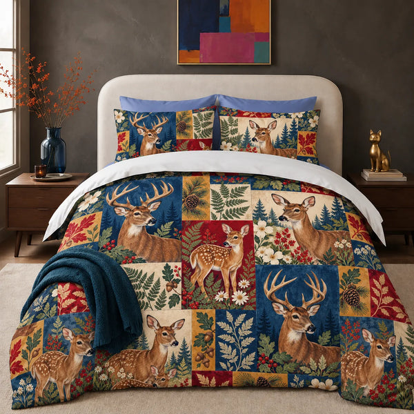 Heirloom Patchwork Deer comforter set — deer and fawns in navy, red, mustard and cream patchwork blocks with ferns and pinecones