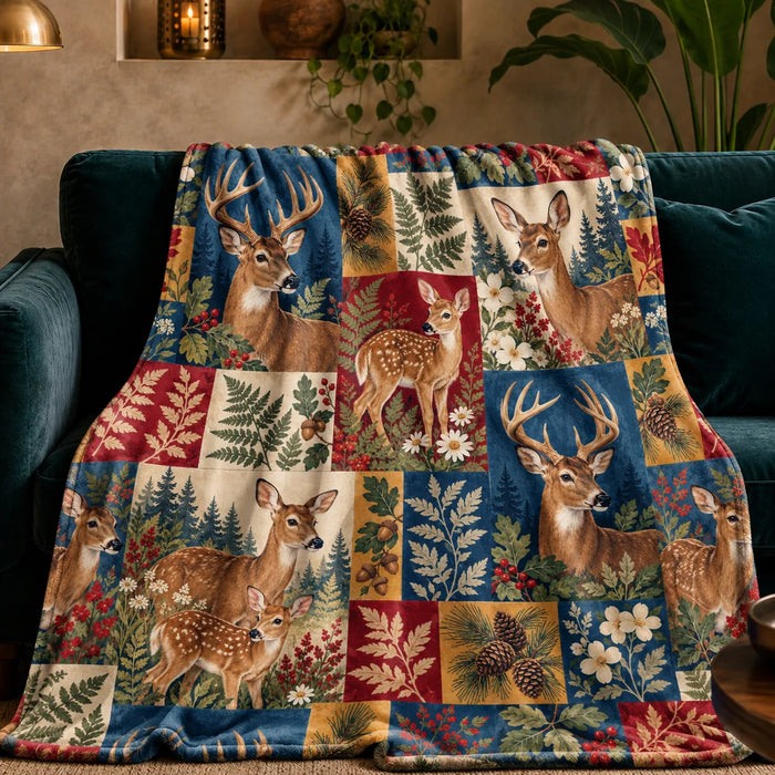 Heirloom Patchwork Deer fleece throw blanket — deer and fawns in navy, red, mustard and cream patchwork blocks with ferns and pinecones