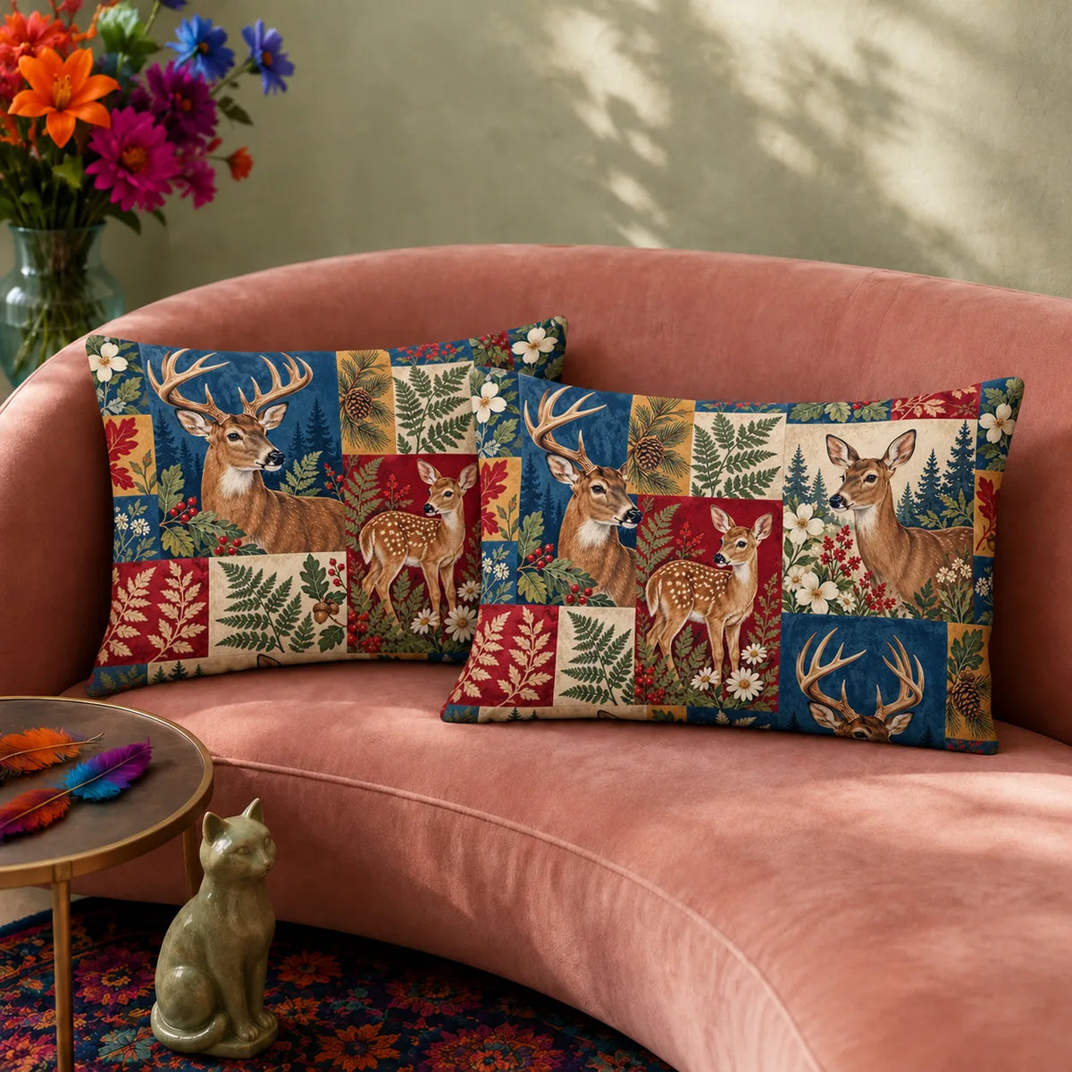 Heirloom Patchwork Deer pillowcase set — deer and fawns in navy, red, mustard and cream patchwork blocks with ferns and pinecones