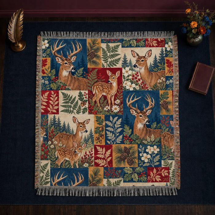 Heirloom Patchwork Deer woven throw blanket — deer and fawns in navy, red, mustard and cream patchwork blocks with ferns and pinecones