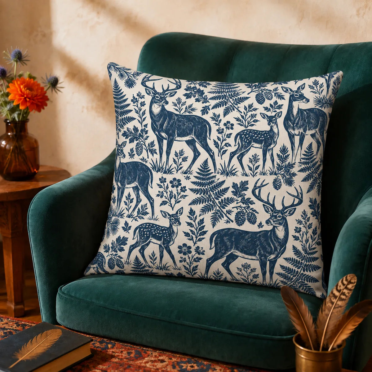 Indigo Block Print Deer cushion cover set — indigo linocut-style deer, fawns, ferns, oak leaves and pinecones on oatmeal