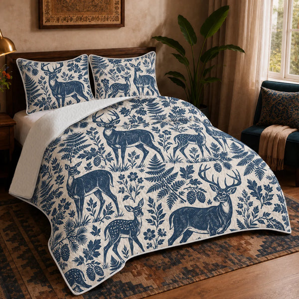 Indigo Block Print Deer quilt set — indigo linocut-style deer, fawns, ferns, oak leaves and pinecones on oatmeal