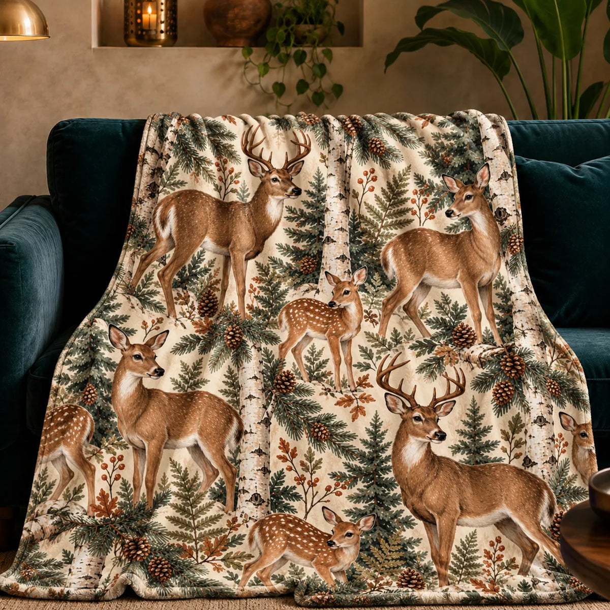 Birch Hollow Deer fleece throw blanket — lifelike deer and spotted fawns among birch trunks, pine boughs and pinecones on cream