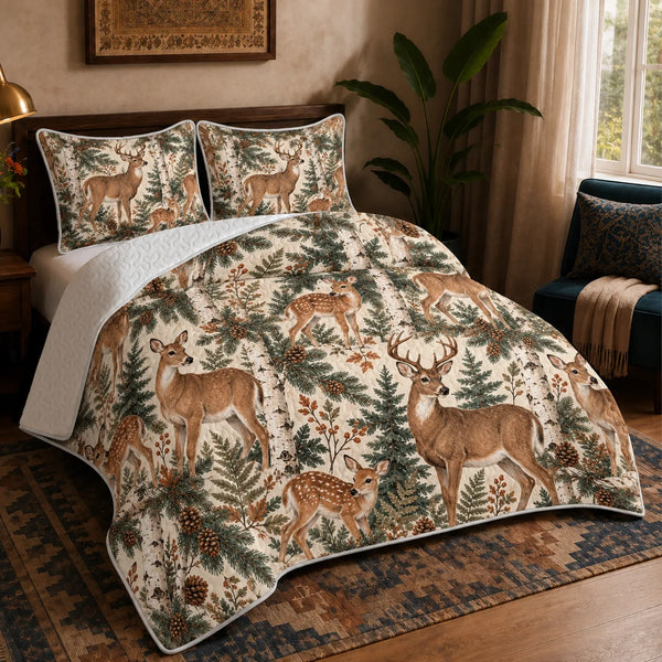 Birch Hollow Deer quilt set — lifelike deer and spotted fawns among birch trunks, pine boughs and pinecones on cream