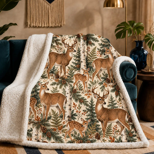 Birch Hollow Deer sherpa blanket — lifelike deer and spotted fawns among birch trunks, pine boughs and pinecones on cream