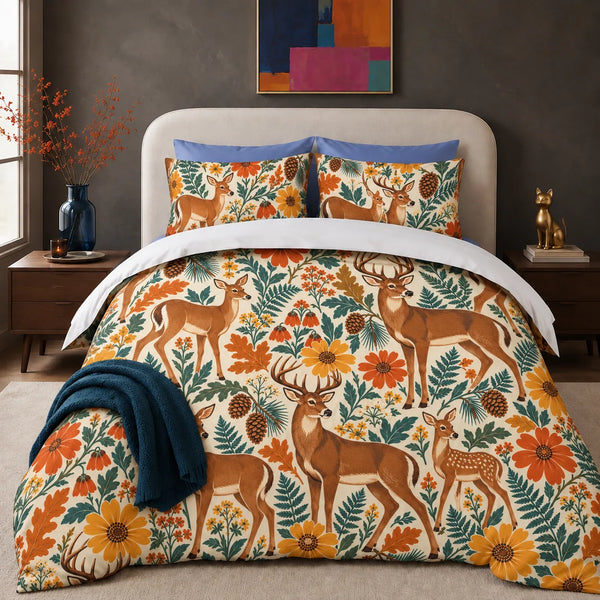 Retro Floral Deer comforter set — tan deer among orange and mustard retro daisies, teal ferns and oak leaves on cream