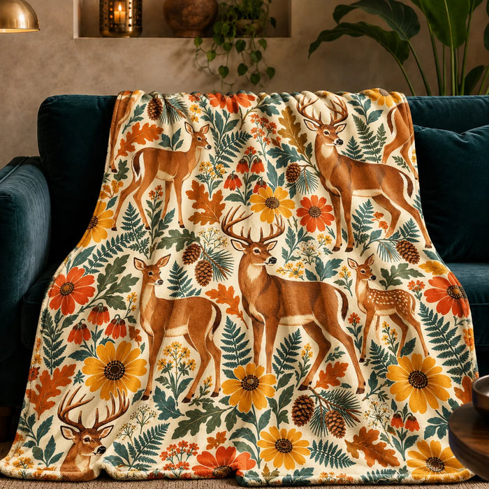 Retro Floral Deer fleece throw blanket — tan deer among orange and mustard retro daisies, teal ferns and oak leaves on cream
