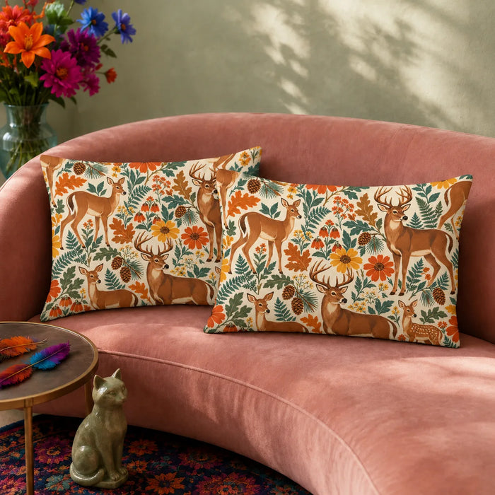Retro Floral Deer pillowcase set — tan deer among orange and mustard retro daisies, teal ferns and oak leaves on cream