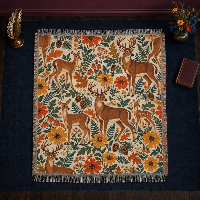 Retro Floral Deer woven throw blanket — tan deer among orange and mustard retro daisies, teal ferns and oak leaves on cream