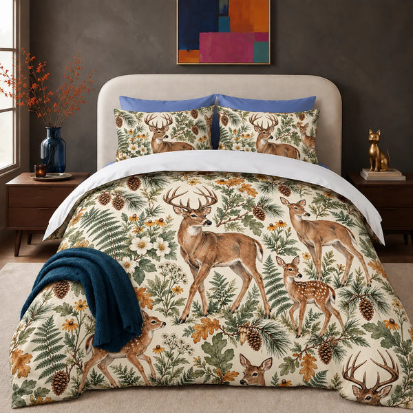 Sage Ink Wash Deer comforter set — watercolor deer and fawns among sage ferns, ochre oak leaves and black-eyed Susans on cream