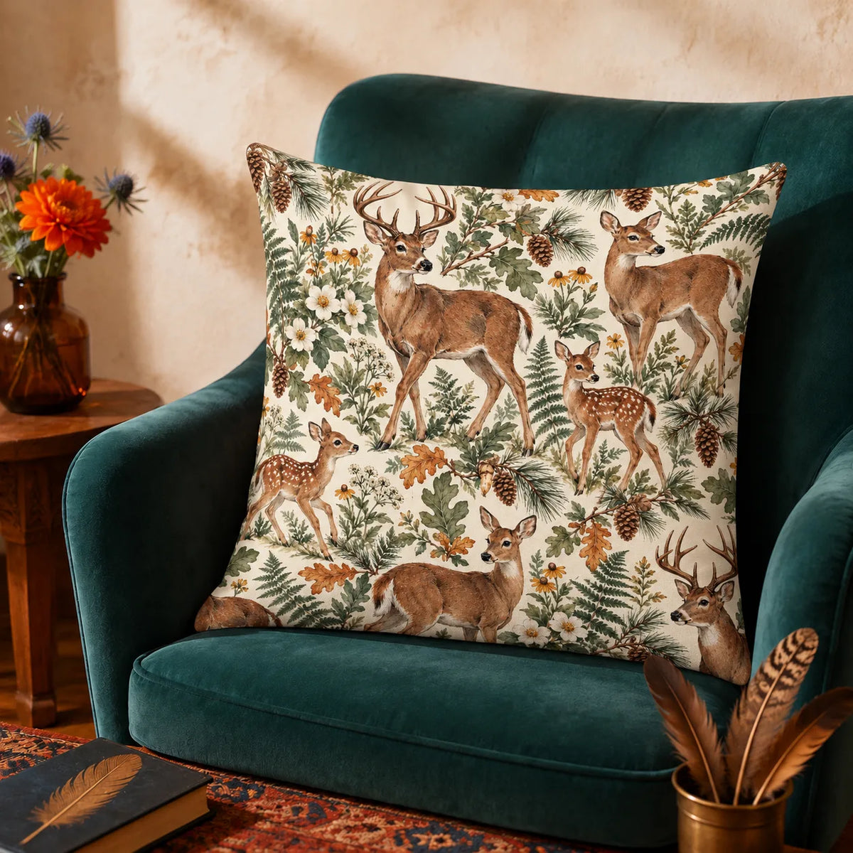 Sage Ink Wash Deer cushion cover set — watercolor deer and fawns among sage ferns, ochre oak leaves and black-eyed Susans on cream