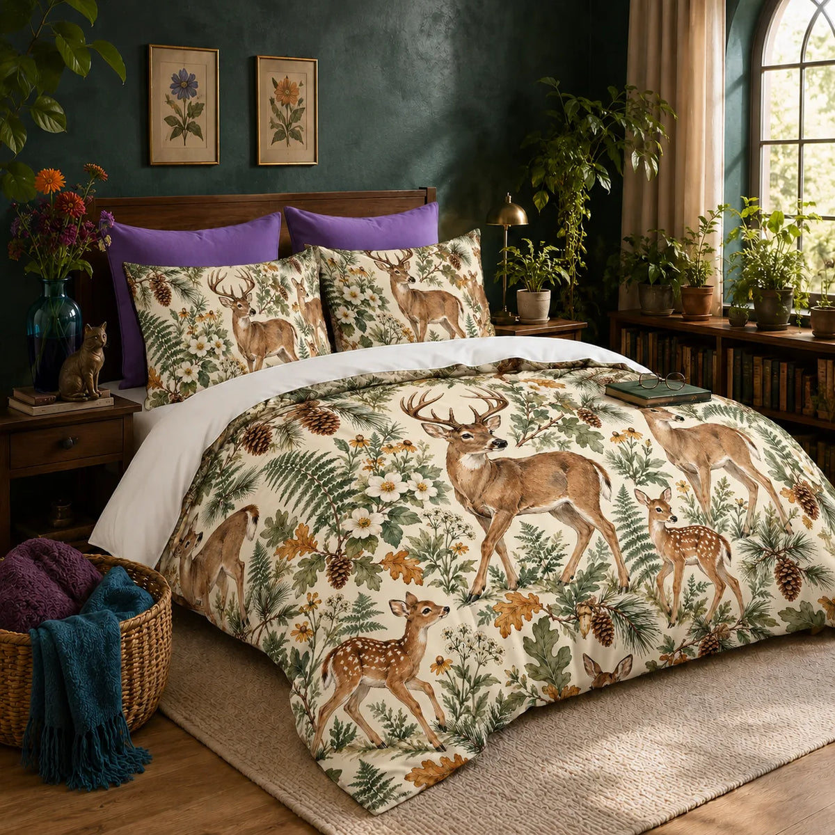 Sage Ink Wash Deer duvet cover set — watercolor deer and fawns among sage ferns, ochre oak leaves and black-eyed Susans on cream