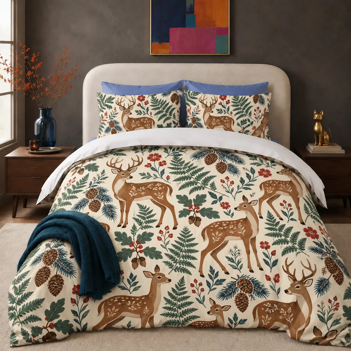 Scandinavian Folk Deer comforter set — tan folk-style deer with floral coats among green ferns, red flowers and pinecones on cream