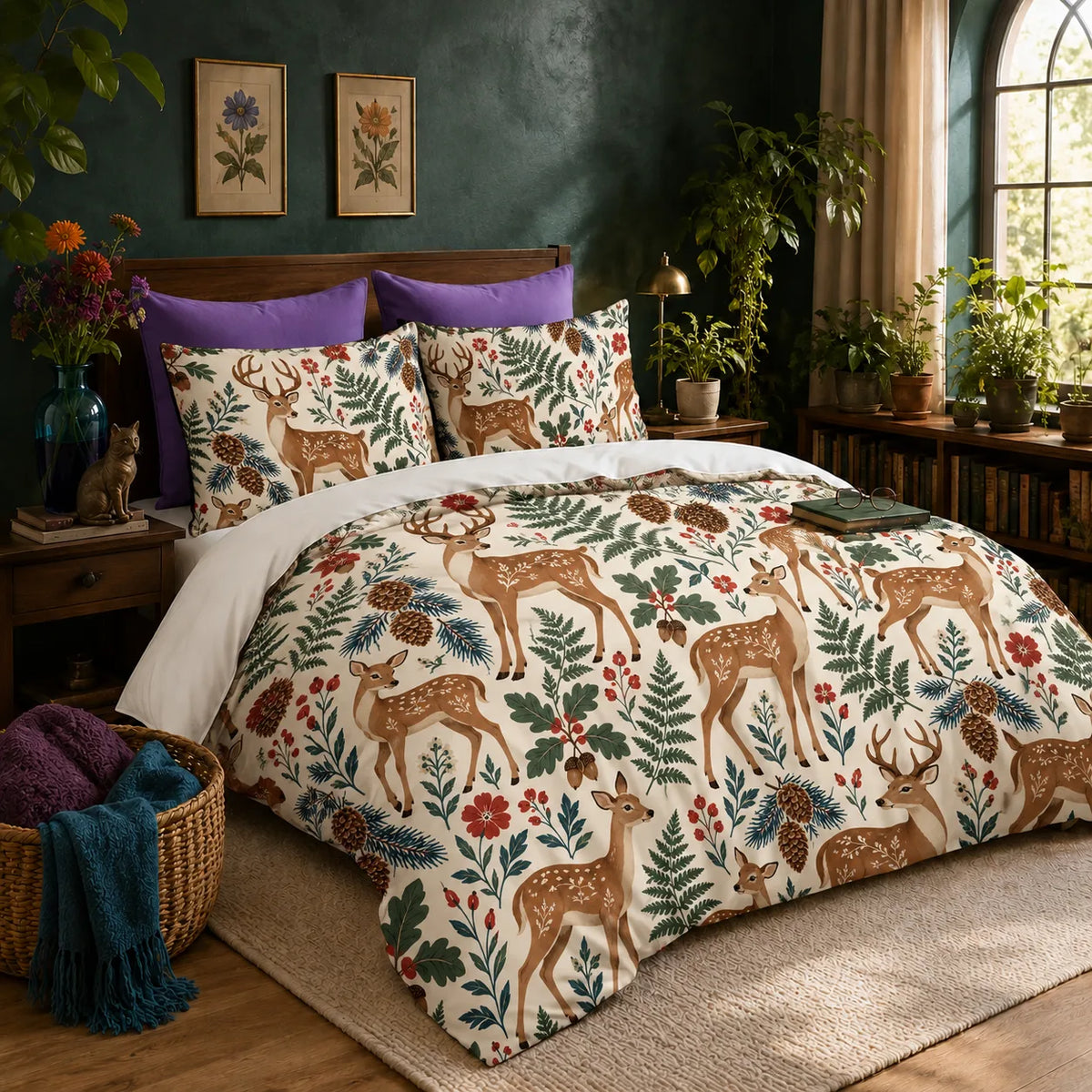 Scandinavian Folk Deer duvet cover set — tan folk-style deer with floral coats among green ferns, red flowers and pinecones on cream
