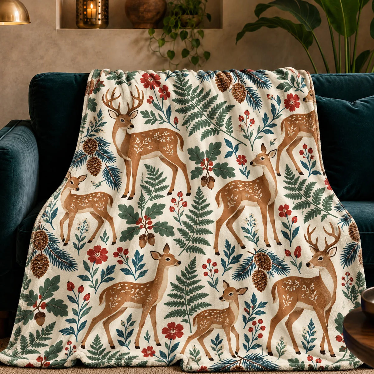 Scandinavian Folk Deer fleece throw blanket — tan folk-style deer with floral coats among green ferns, red flowers and pinecones on cream