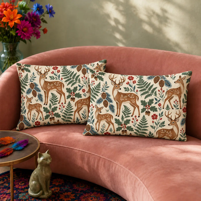 Scandinavian Folk Deer pillowcase set — tan folk-style deer with floral coats among green ferns, red flowers and pinecones on cream