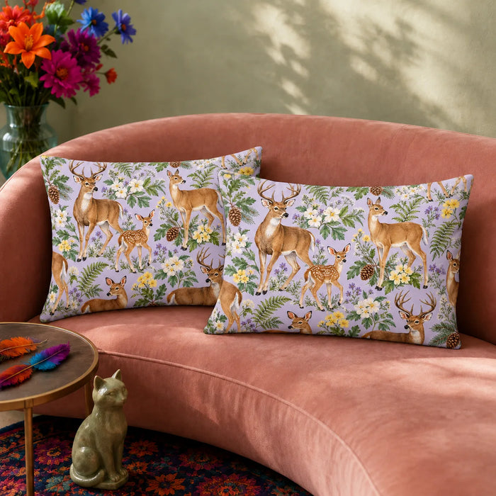 Spring Lilac Deer pillowcase set — deer and fawns among yellow primroses, cream blossoms and green ferns on pale lilac