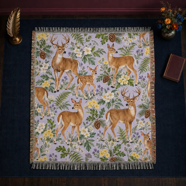 Spring Lilac Deer woven throw blanket — deer and fawns among yellow primroses, cream blossoms and green ferns on pale lilac