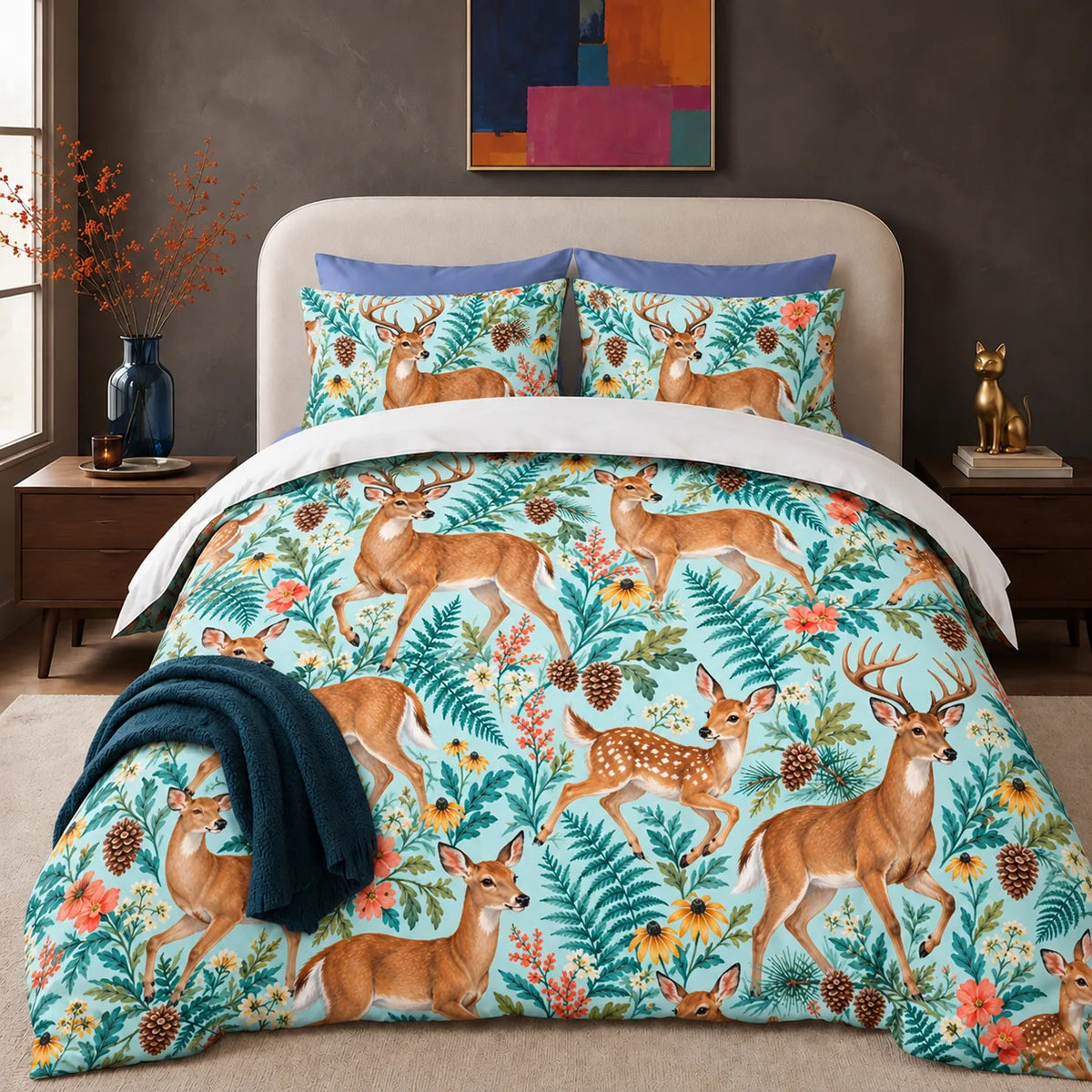 Summer Aqua Deer comforter set — trotting deer and fawns among teal ferns, coral flowers and black-eyed Susans on pale aqua
