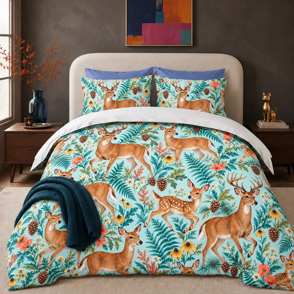 Summer Aqua Deer comforter set — trotting deer and fawns among teal ferns, coral flowers and black-eyed Susans on pale aqua