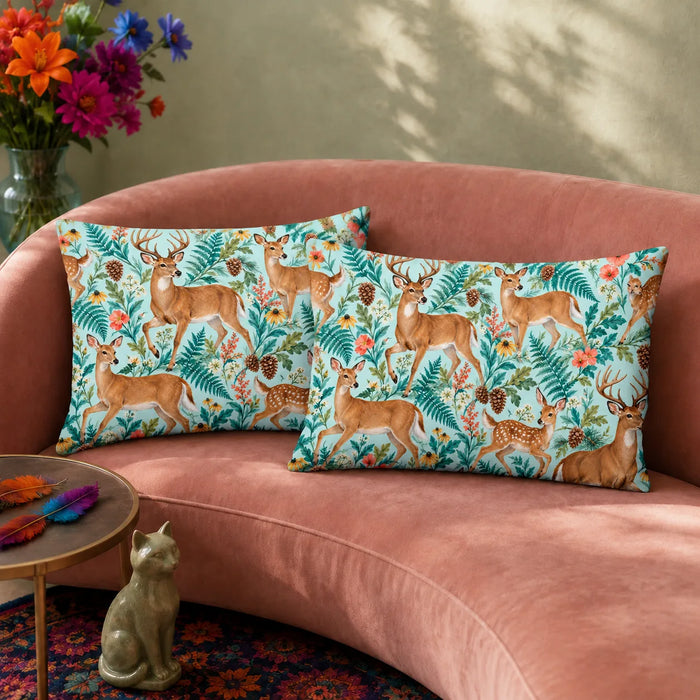 Summer Aqua Deer pillowcase set — trotting deer and fawns among teal ferns, coral flowers and black-eyed Susans on pale aqua