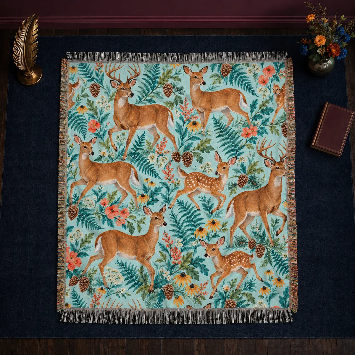 Summer Aqua Deer woven throw blanket — trotting deer and fawns among teal ferns, coral flowers and black-eyed Susans on pale aqua