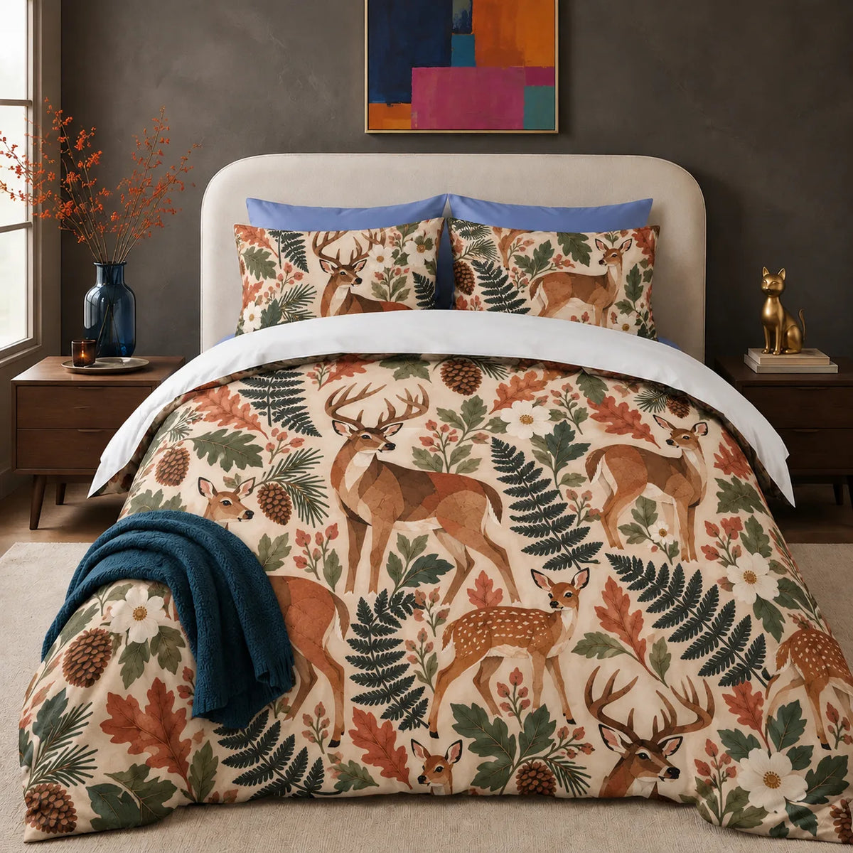 Terracotta Modern Deer comforter set — angular terracotta deer and fawns among green ferns and rust oak leaves on cream
