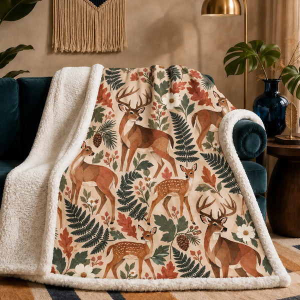 Terracotta Modern Deer sherpa blanket — angular terracotta deer and fawns among green ferns and rust oak leaves on cream