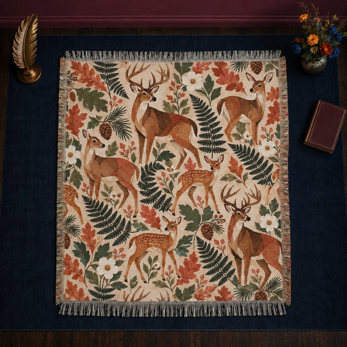 Terracotta Modern Deer woven throw blanket — angular terracotta deer and fawns among green ferns and rust oak leaves on cream