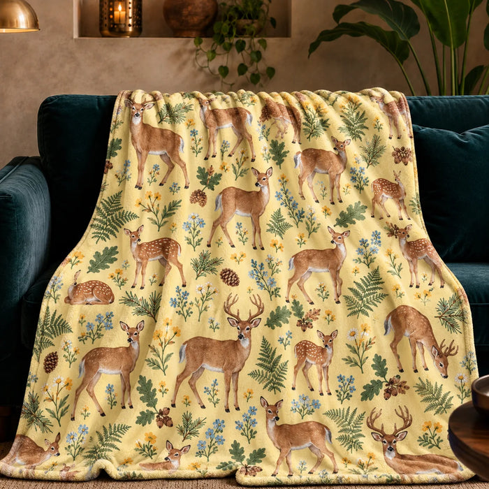 Tiny Ditsy Deer fleece throw blanket — small deer and fawns scattered among forget-me-nots, buttercups and ferns on butter yellow