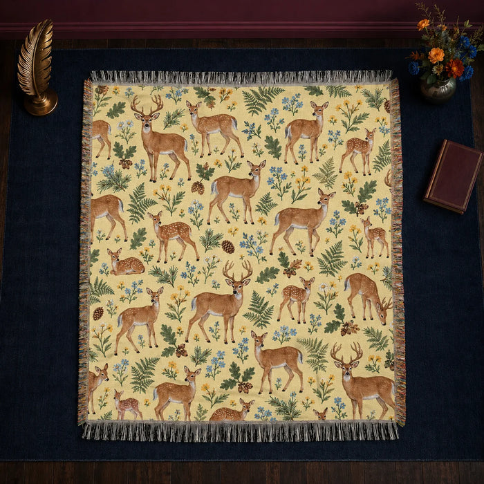 Tiny Ditsy Deer woven throw blanket — small deer and fawns scattered among forget-me-nots, buttercups and ferns on butter yellow