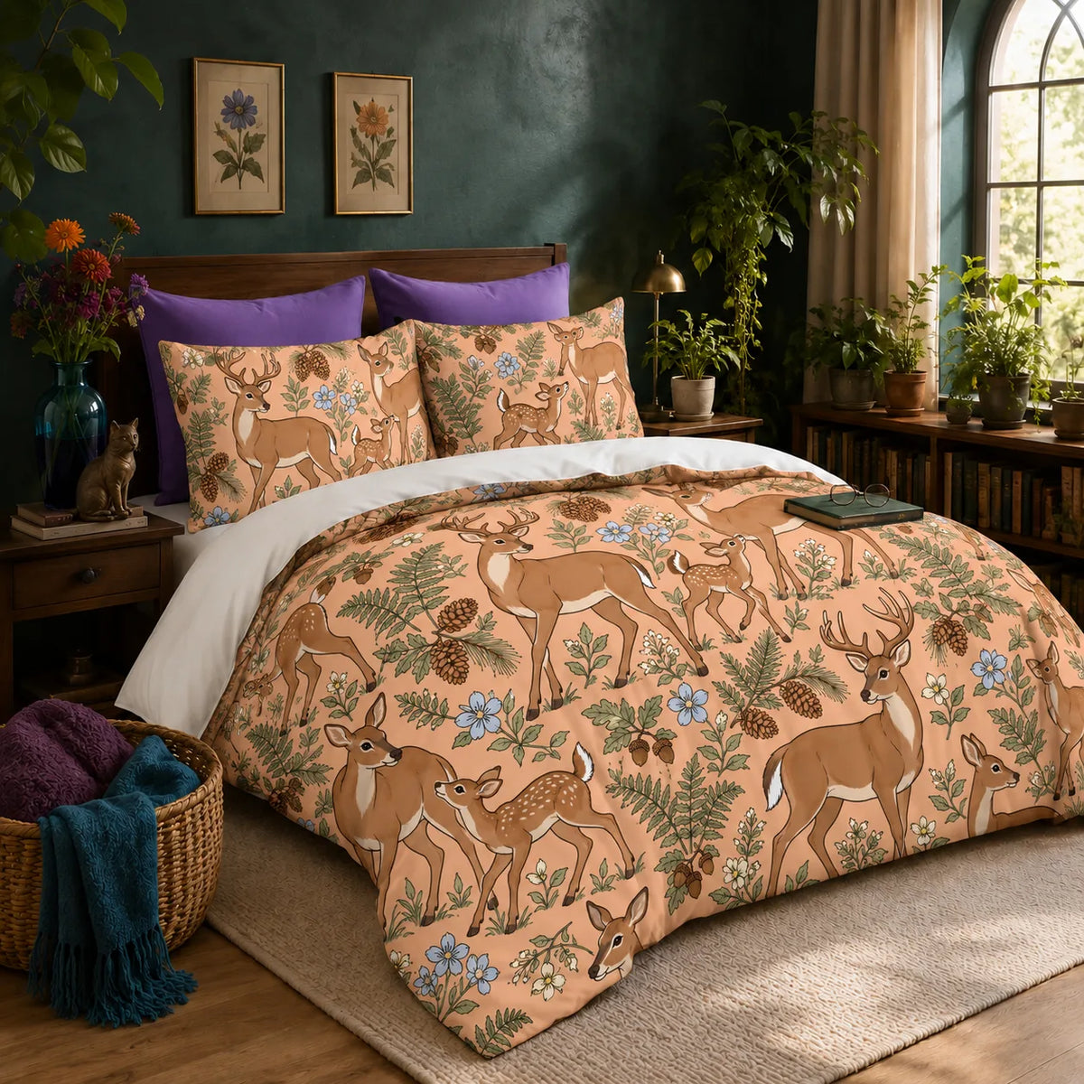 Whimsical Contour Deer duvet cover set — outlined cartoon deer and fawns among sage ferns, pinecones and pale blue flowers on apricot
