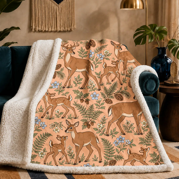 Whimsical Contour Deer sherpa blanket — outlined cartoon deer and fawns among sage ferns, pinecones and pale blue flowers on apricot
