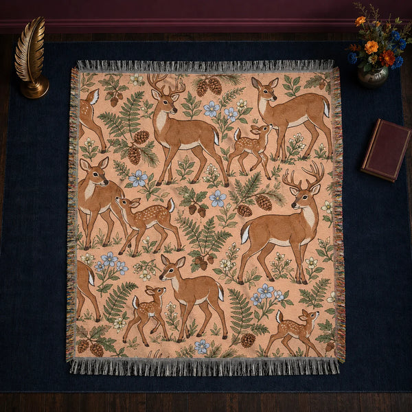 Whimsical Contour Deer woven throw blanket — outlined cartoon deer and fawns among sage ferns, pinecones and pale blue flowers on apricot